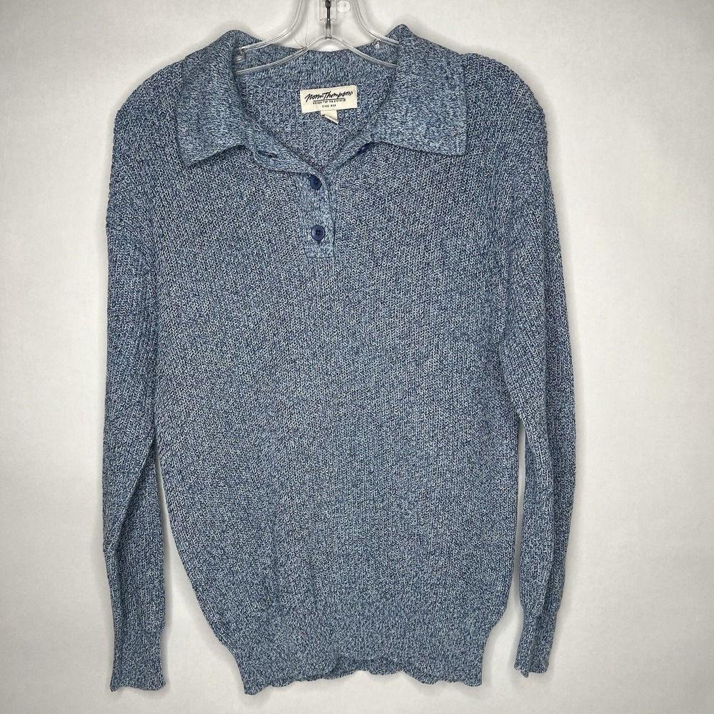 Norm Thompson Pullover Sweater Women's M Chunky Knit Linen/cotton Collared Blue